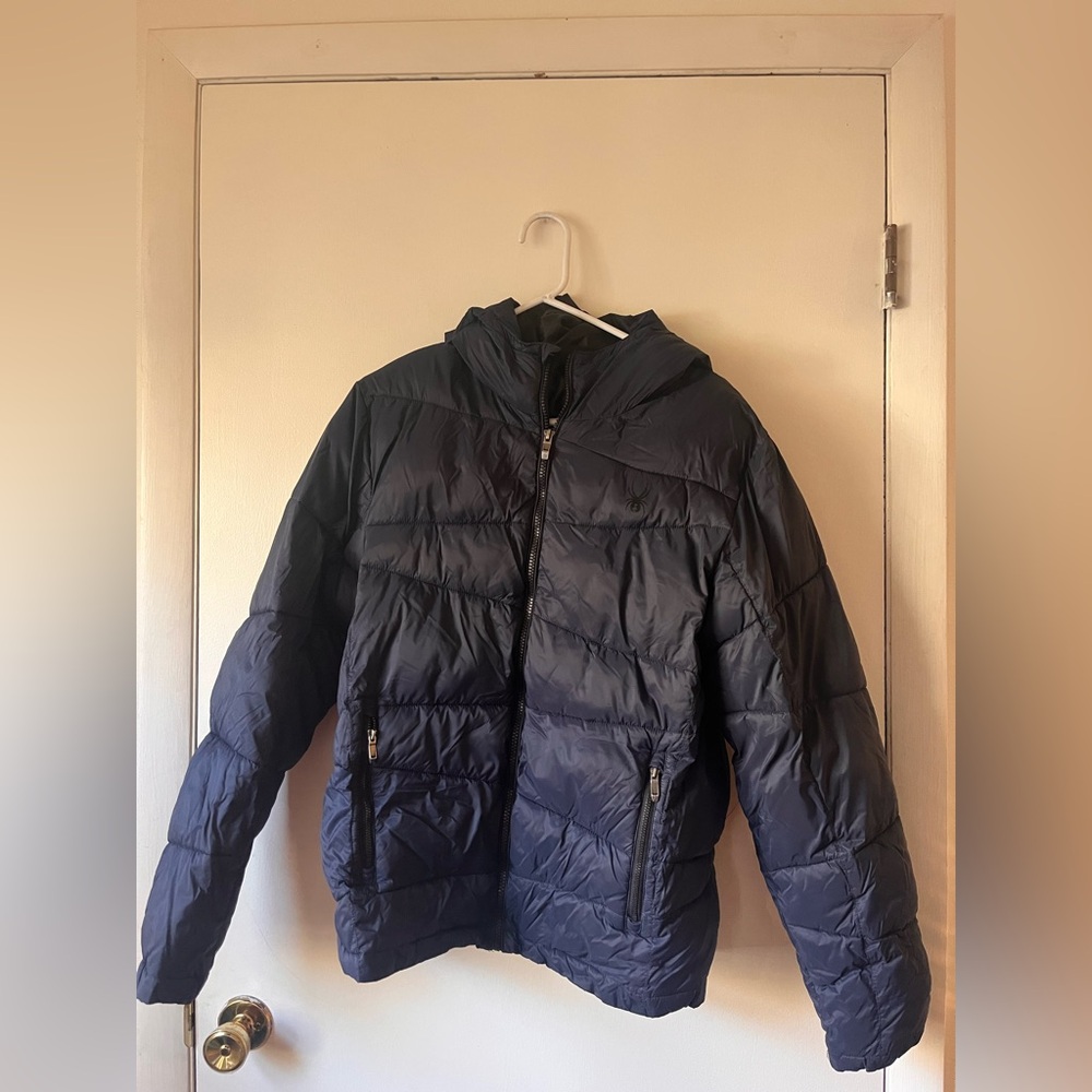 Spyder Men’s Hooded Winter Puffer Jacket Navy Blue Size Medium
